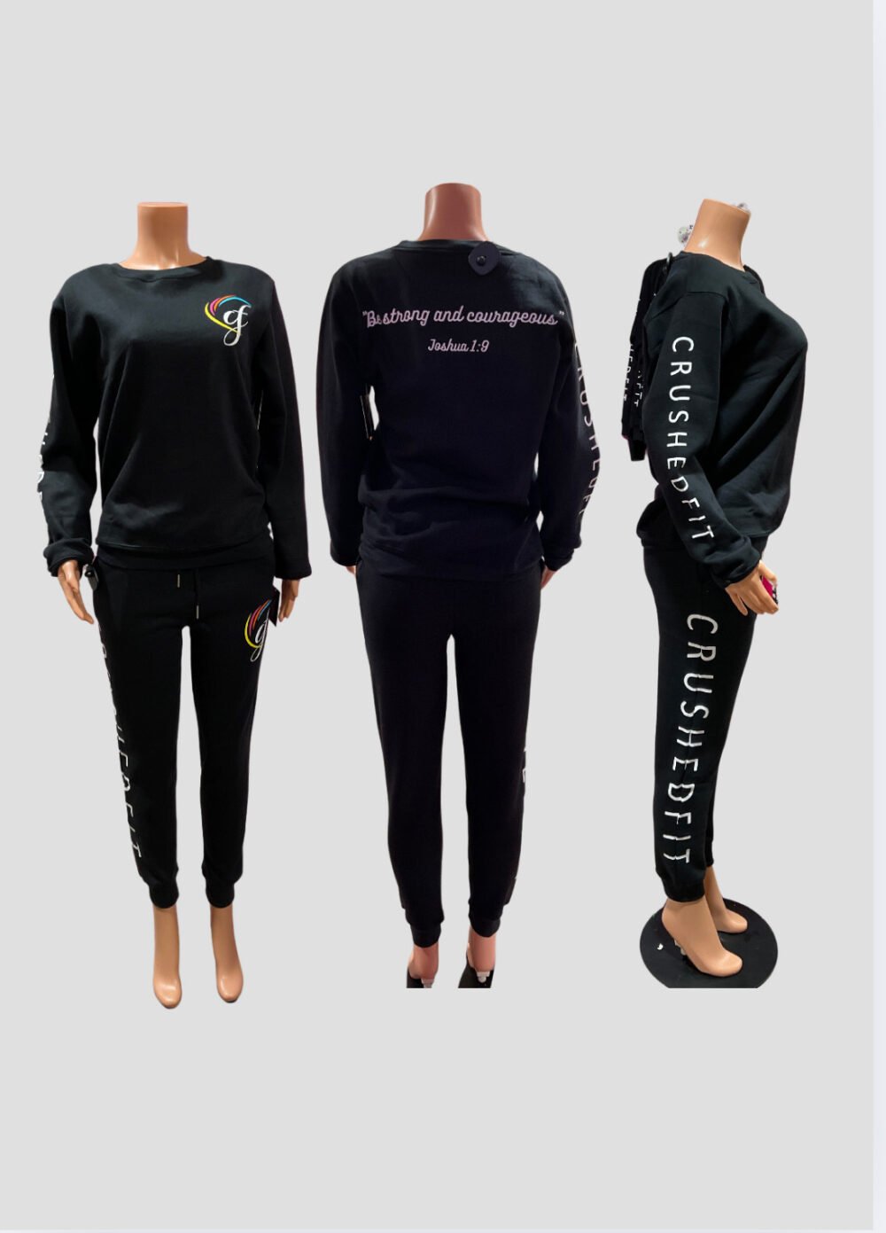 CrushedFit black Sweatsuit Set -Comfortable and stylish black sweatshirt and sweatpants, perfect for workouts, lounging, and everyday wear.