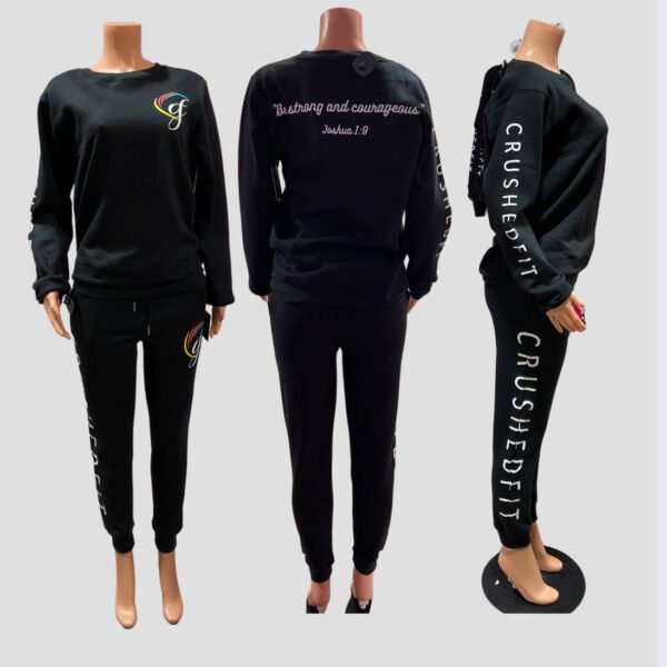 CrushedFit black Sweatsuit Set -Comfortable and stylish black sweatshirt and sweatpants, perfect for workouts, lounging, and everyday wear.