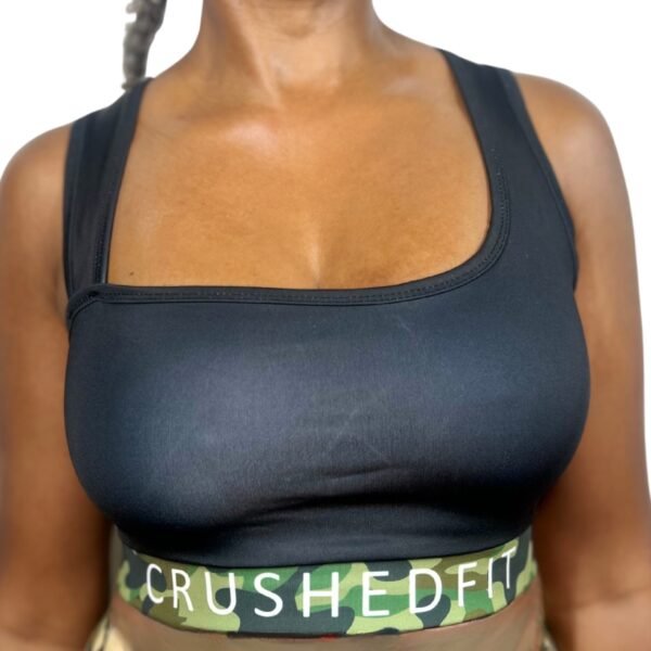 Crushedfit Camo sports Bra featuring a scoop neckline and subtle camouflage waist band.